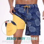 Navy and yellow swim trunks for mens, lightweight and stylish for beachwear