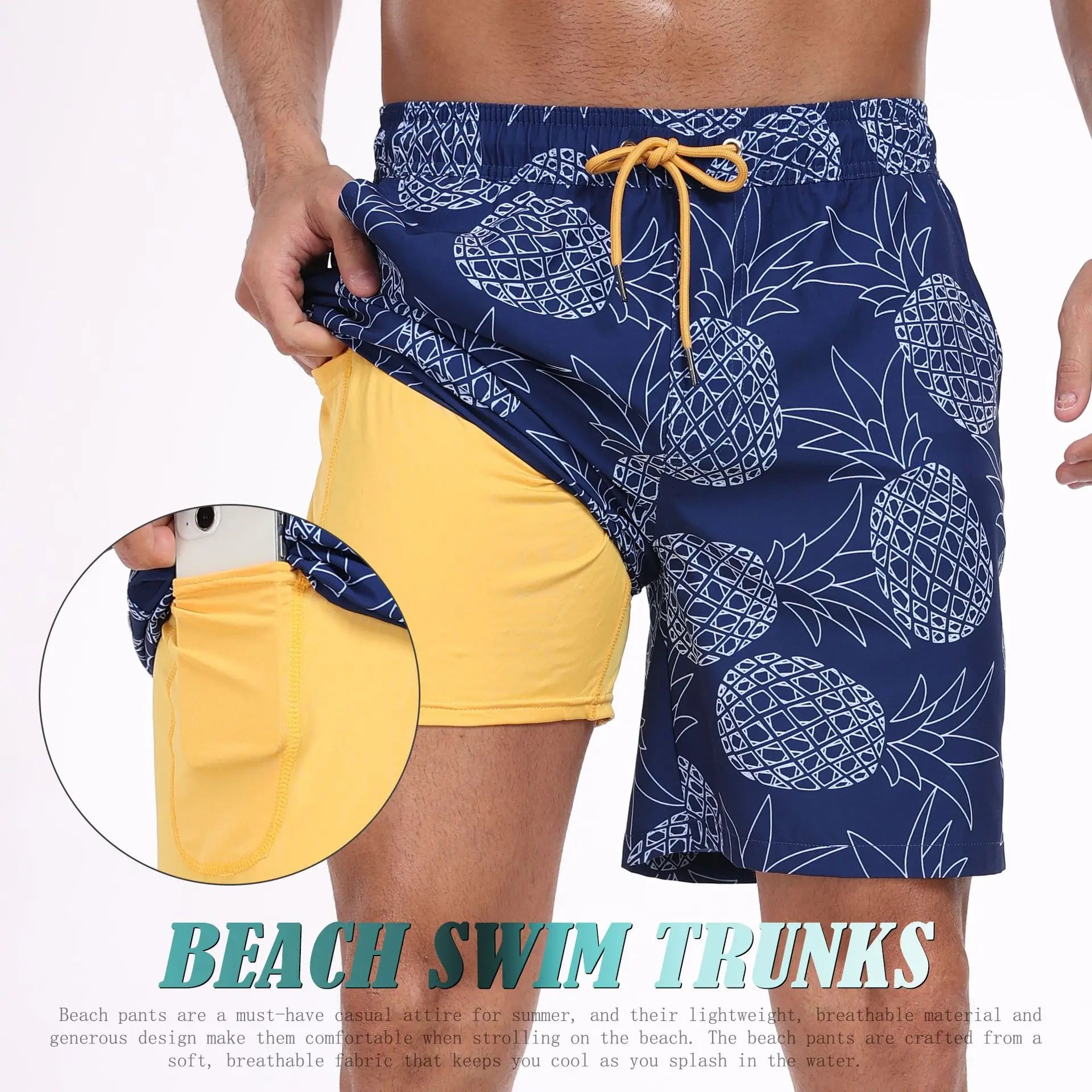 Navy and yellow swim trunks for mens, lightweight and stylish for beachwear