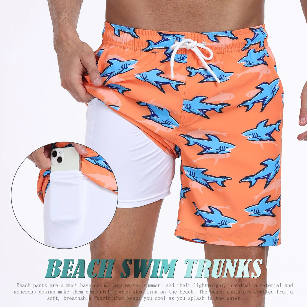 Men's orange swim trunks for mens with shark print, perfect for beach outings