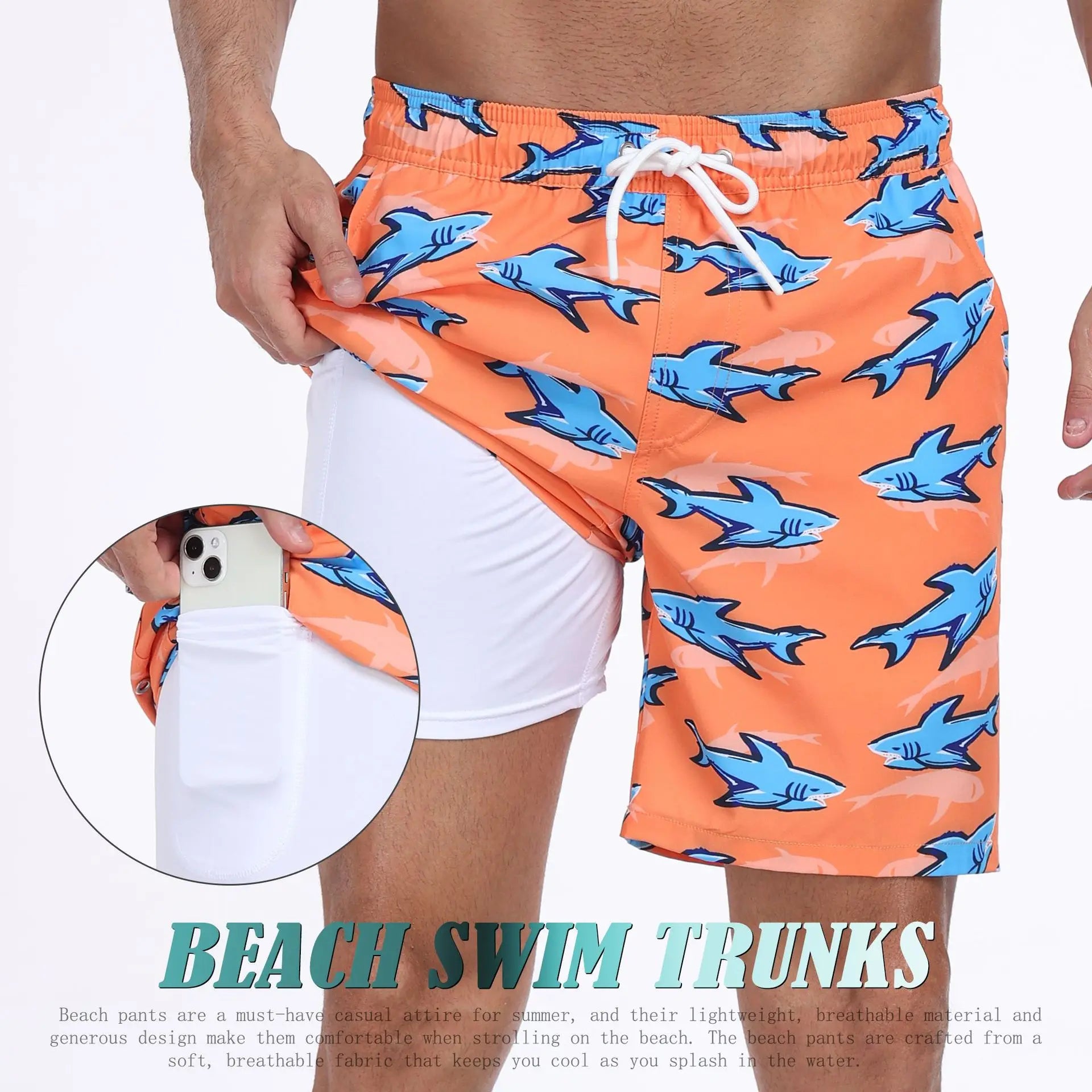 Men's orange swim trunks for mens with shark print, perfect for beach outings