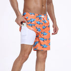 Orange swim trunks for mens with shark design and pockets