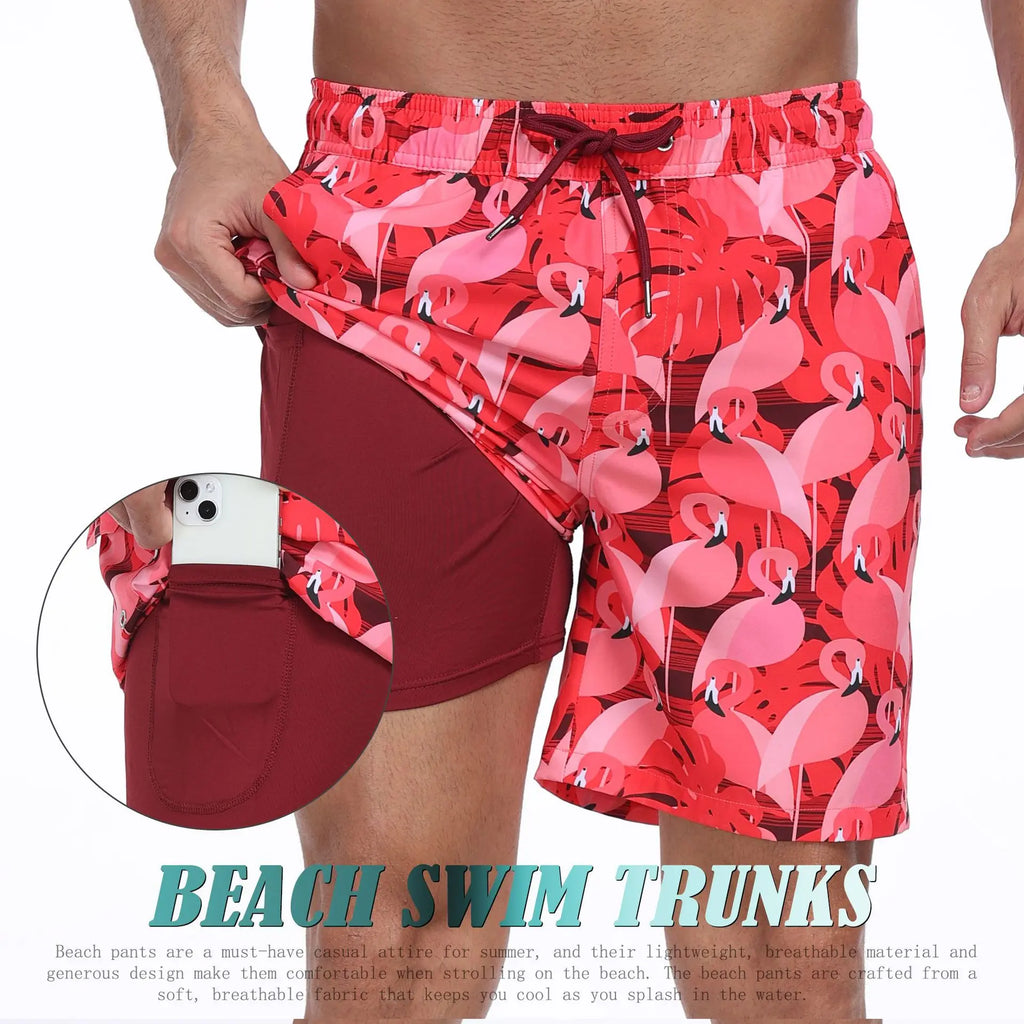 Men's pink flamingo swim trunks for fun beach outings