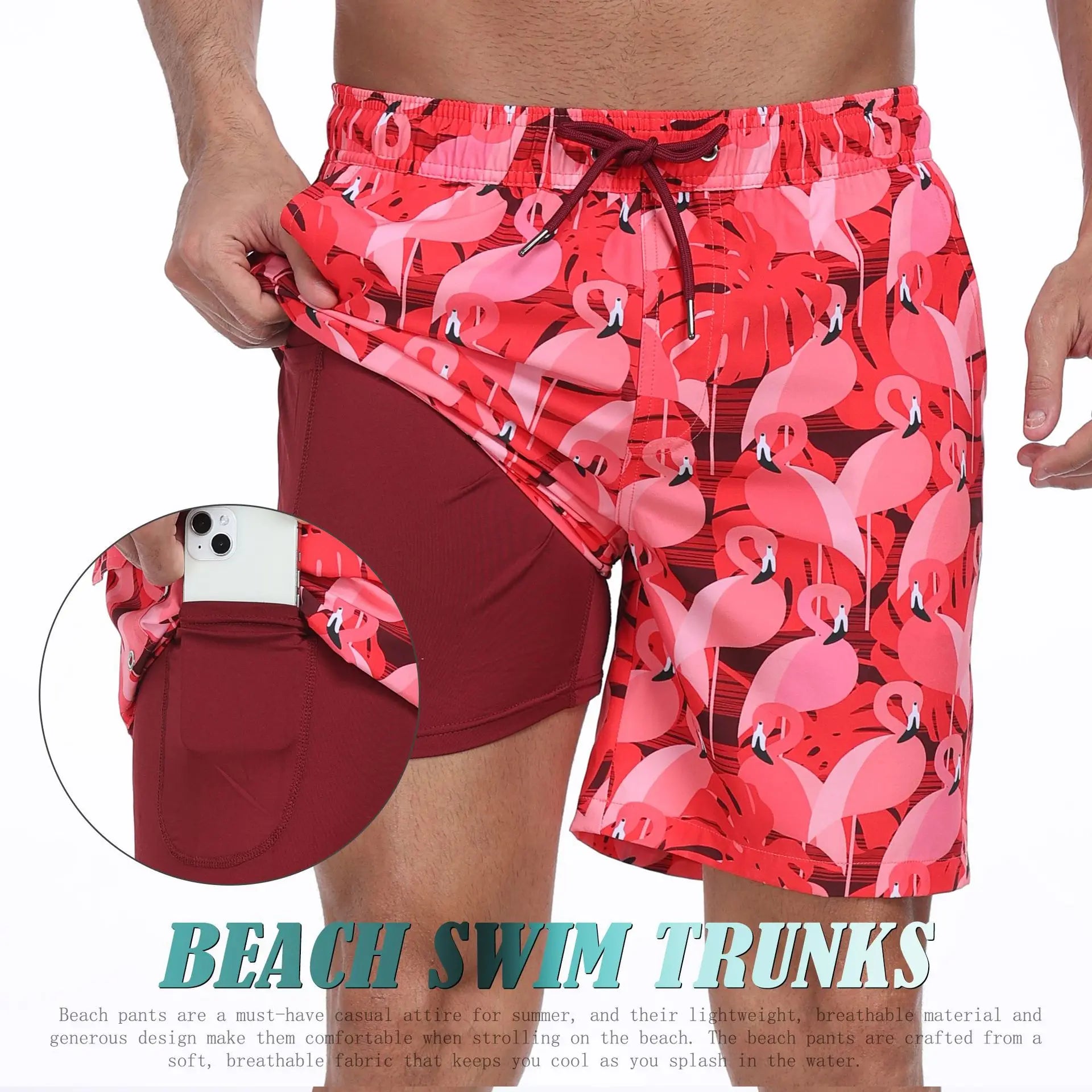 Men's pink flamingo swim trunks for fun beach outings