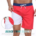 Red and white beach swim trunks for mens, ideal for summer fun