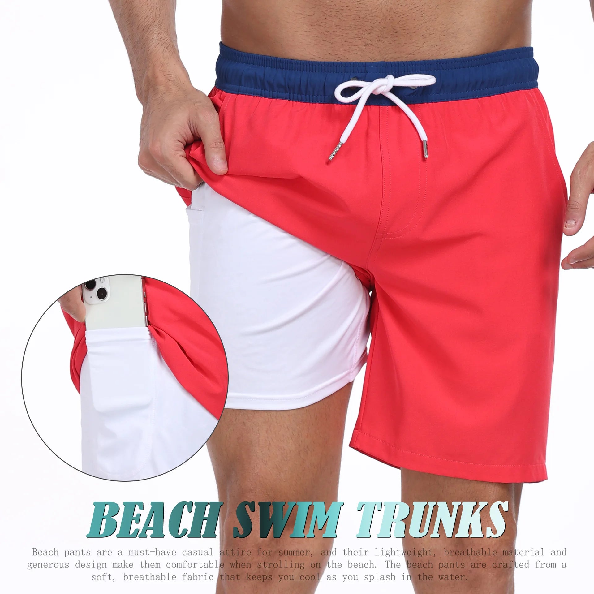 Red and white beach swim trunks for mens, ideal for summer fun