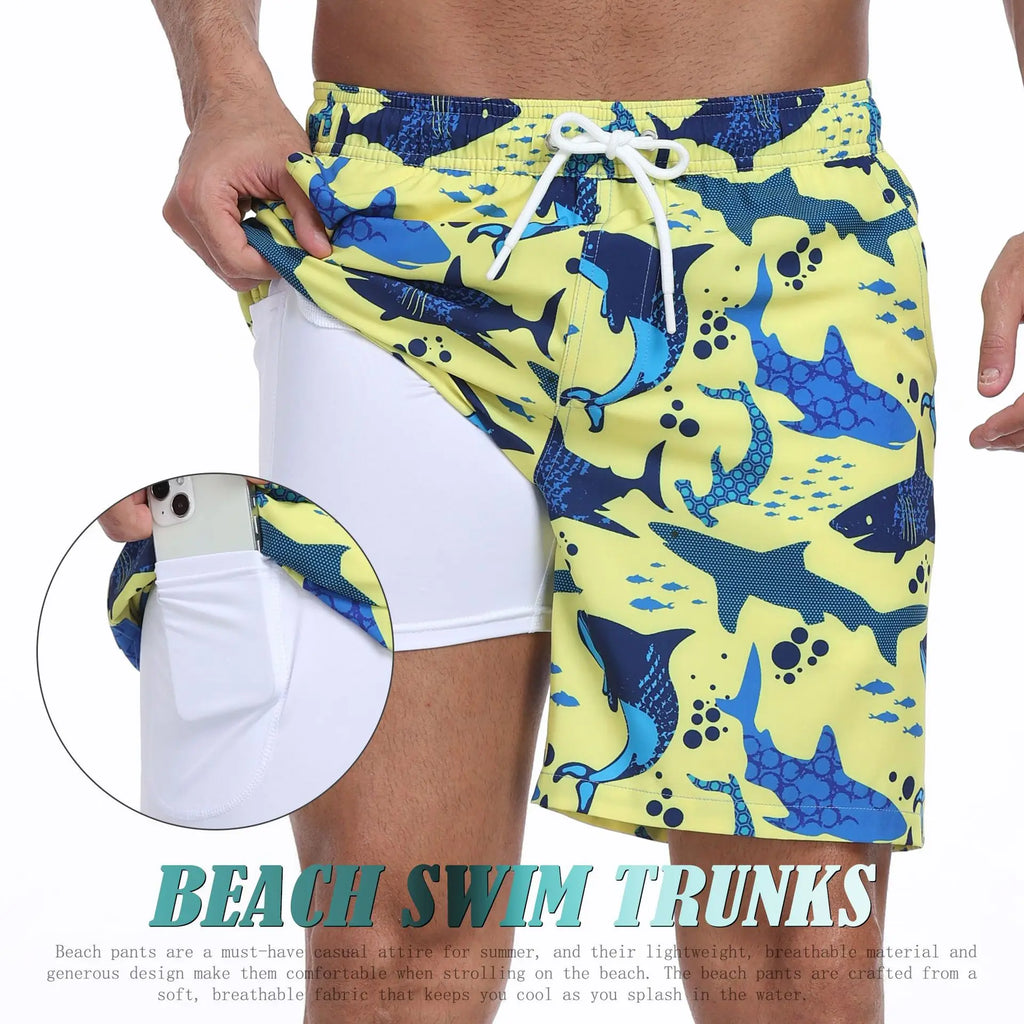 Men's yellow swim trunks for mens with fun shark print, perfect for beach days