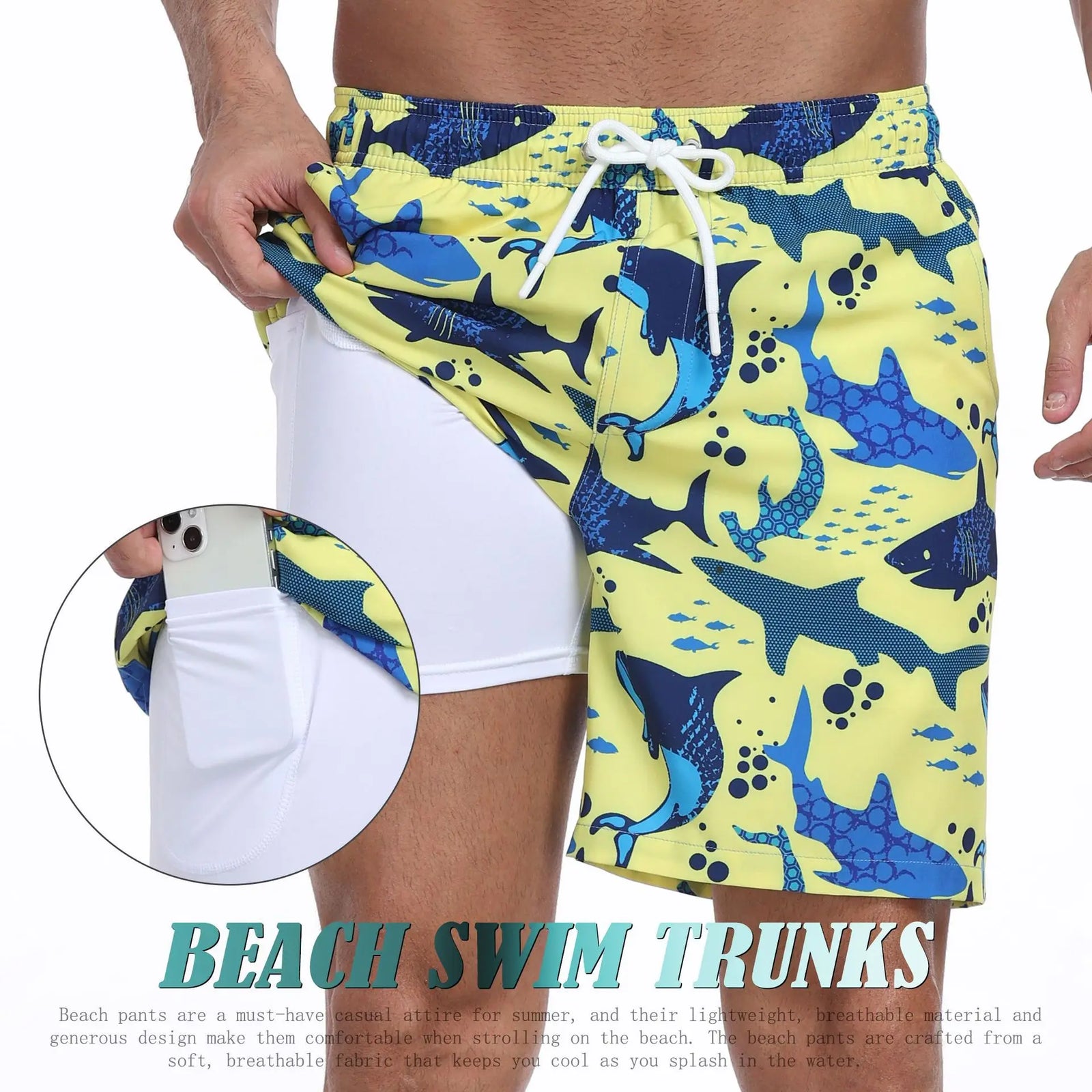 Men's yellow swim trunks for mens with fun shark print, perfect for beach days
