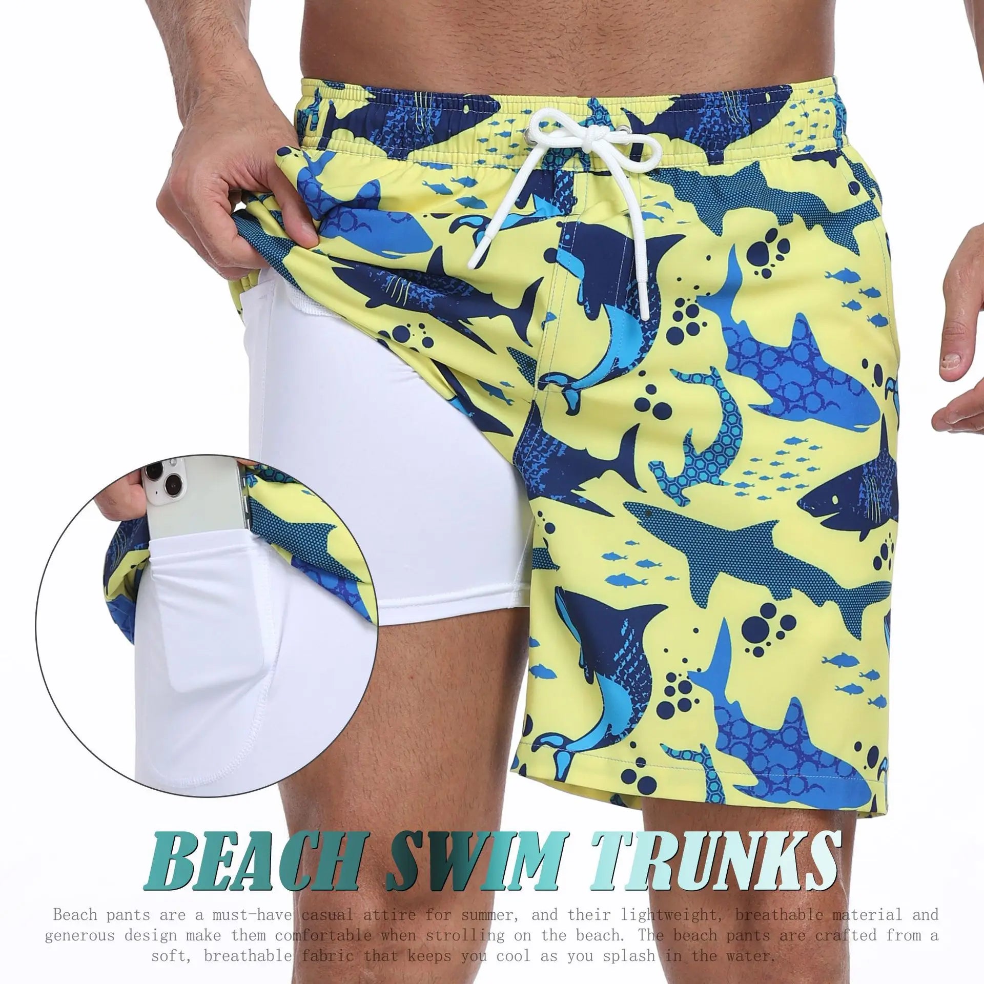 Men's yellow swim trunks for mens with fun shark print, perfect for beach days