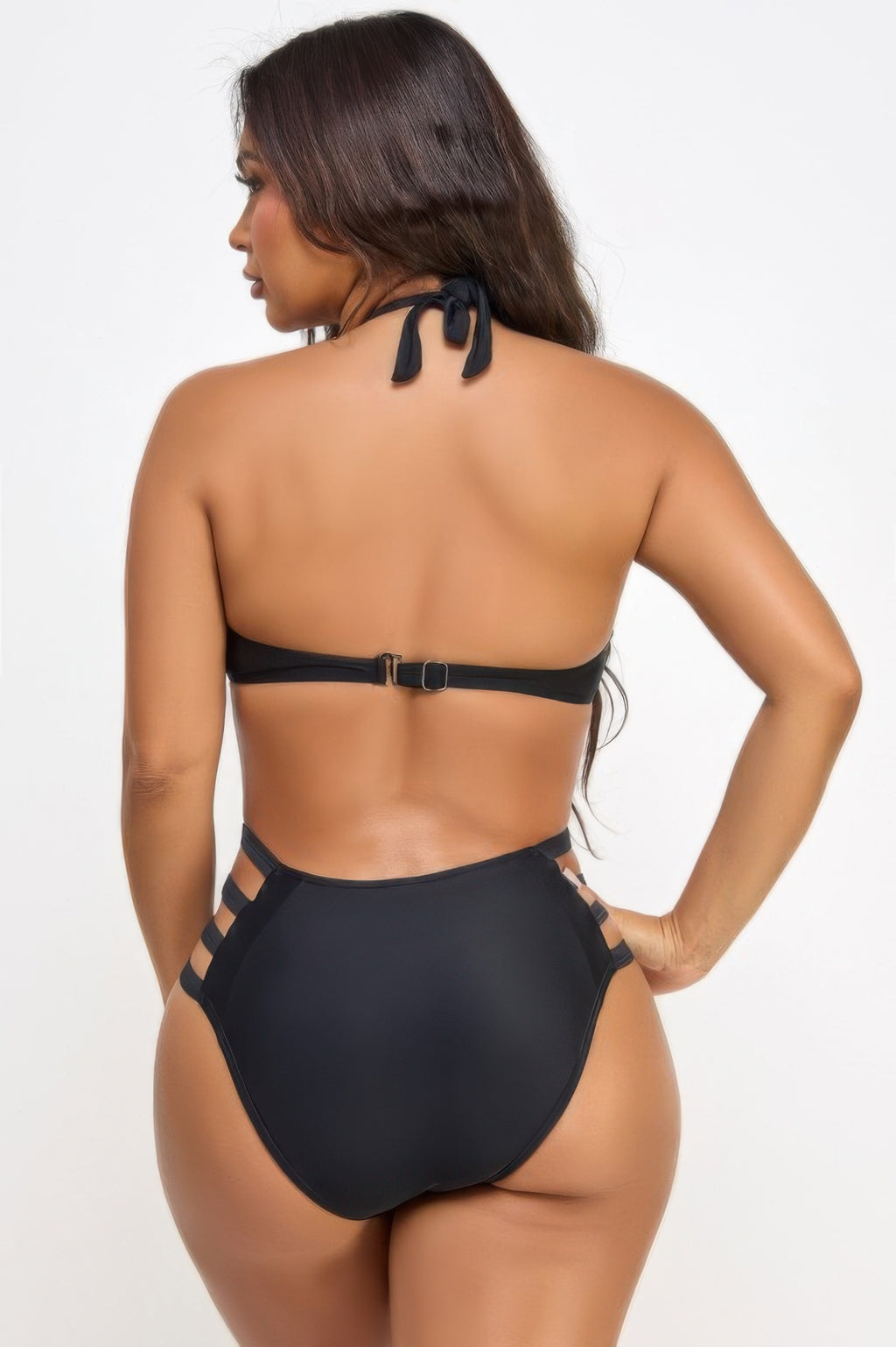 Women's black halter bikini top, high-waisted bottoms, perfect for beach or pool
