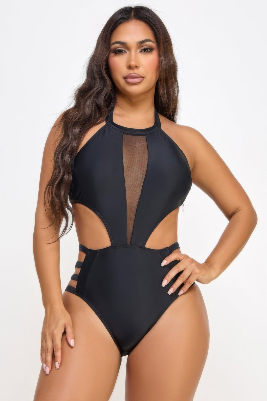 Women's black cutout swimsuit, mesh detailing, perfect for beach trips