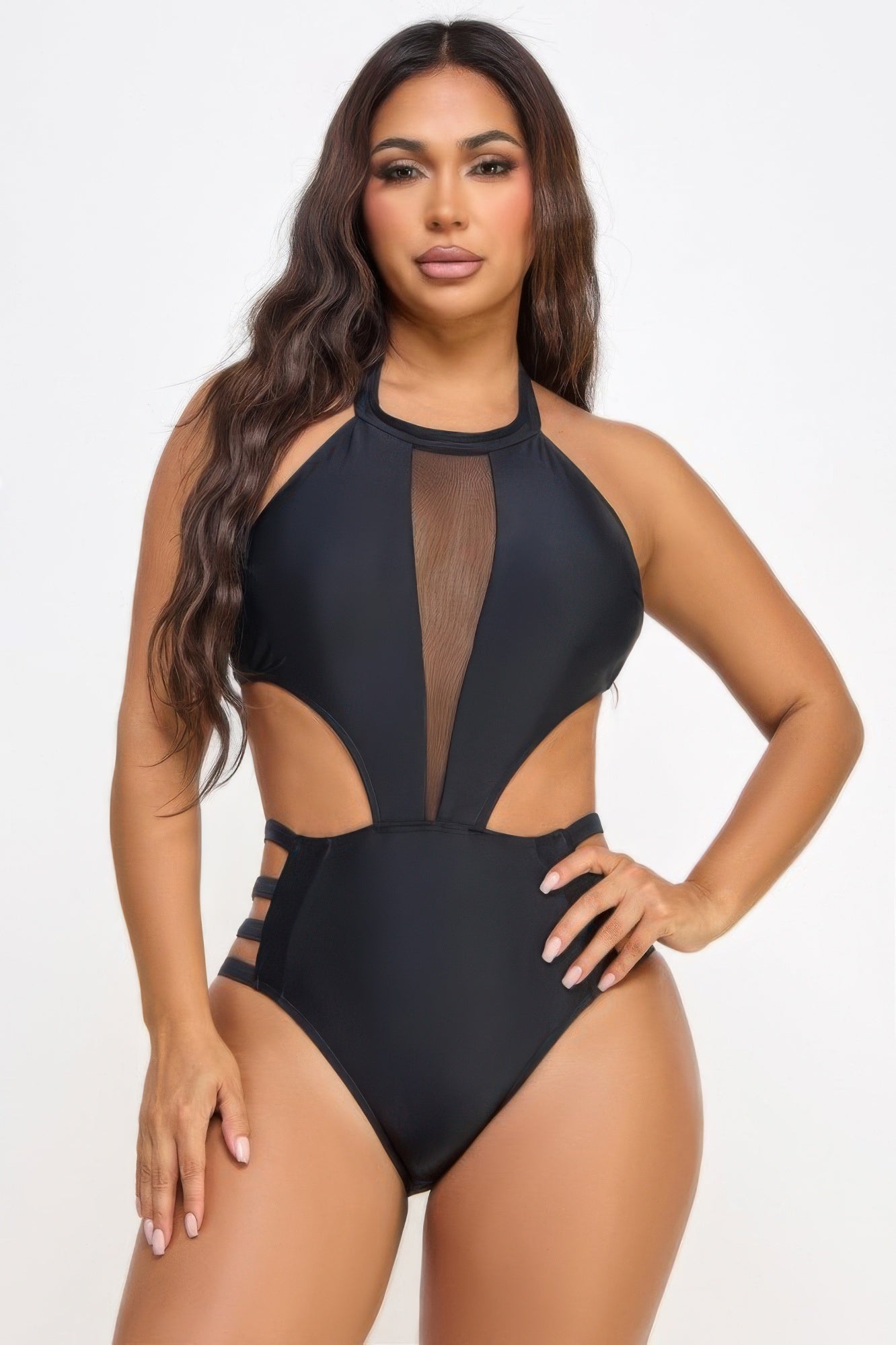 Women's black cutout swimsuit, mesh detailing, perfect for beach trips