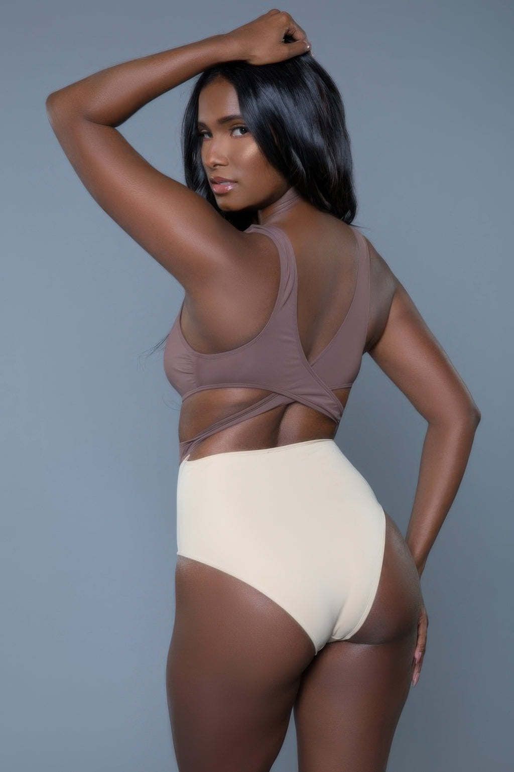 Women's brown and beige swimmers swimwear, perfect for sunny beach days