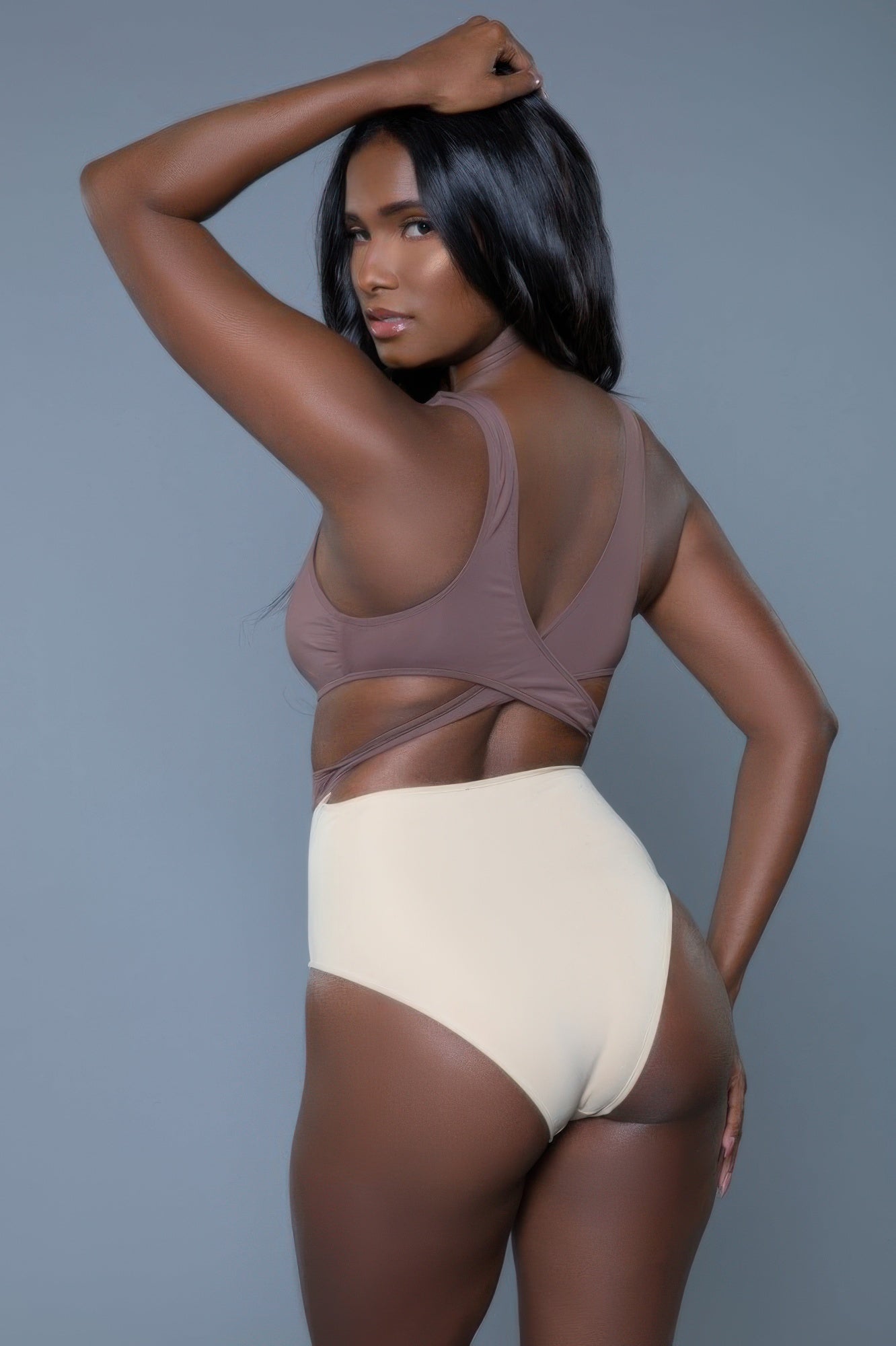 Women's brown and beige swimmers swimwear, perfect for sunny beach days