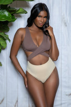 Women's two-tone swimsuit in brown and beige, perfect for beach or pool