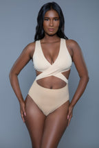 Women's beige one-piece swimmers swimwear for beach outings