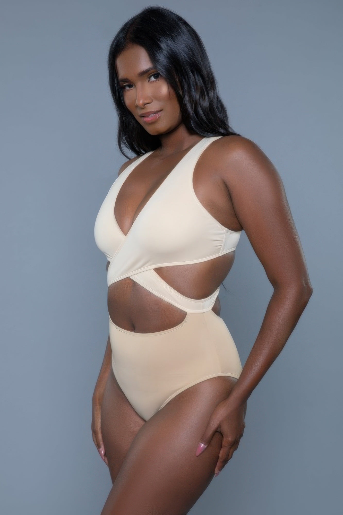 Women's beige cutout one-piece swimmers swimwear for beach outings