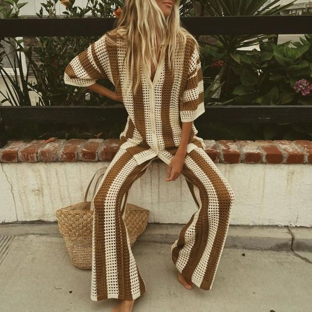 Women's tan and brown striped swimsuit and cover up for beach days