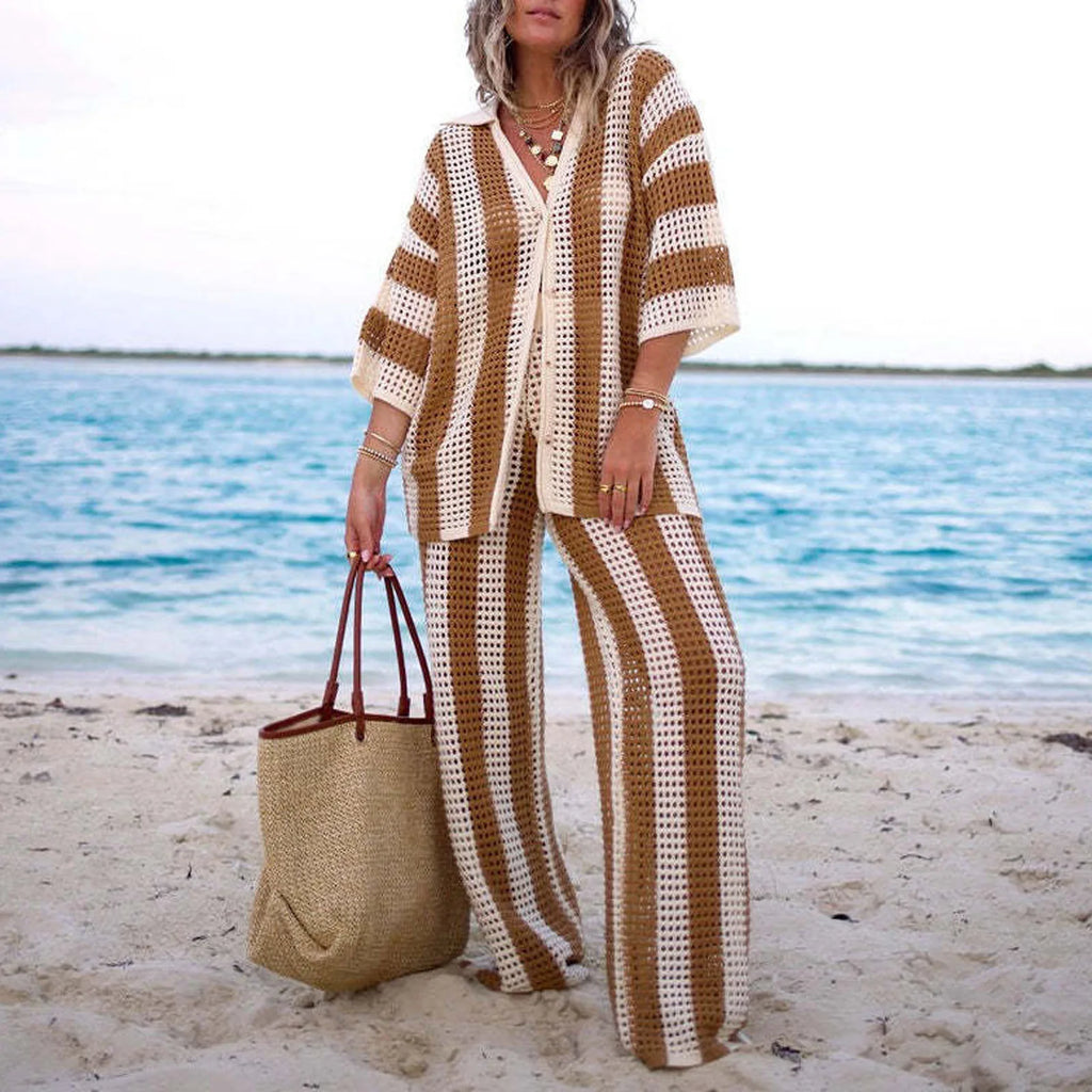 Women's striped swimsuit and cover up set, casual beachwear for sunny days