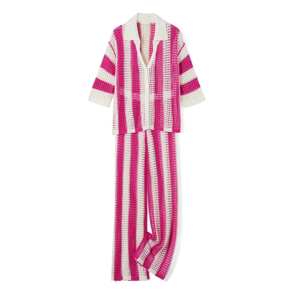 Women's pink striped crochet swimsuit and cover up for beach outings