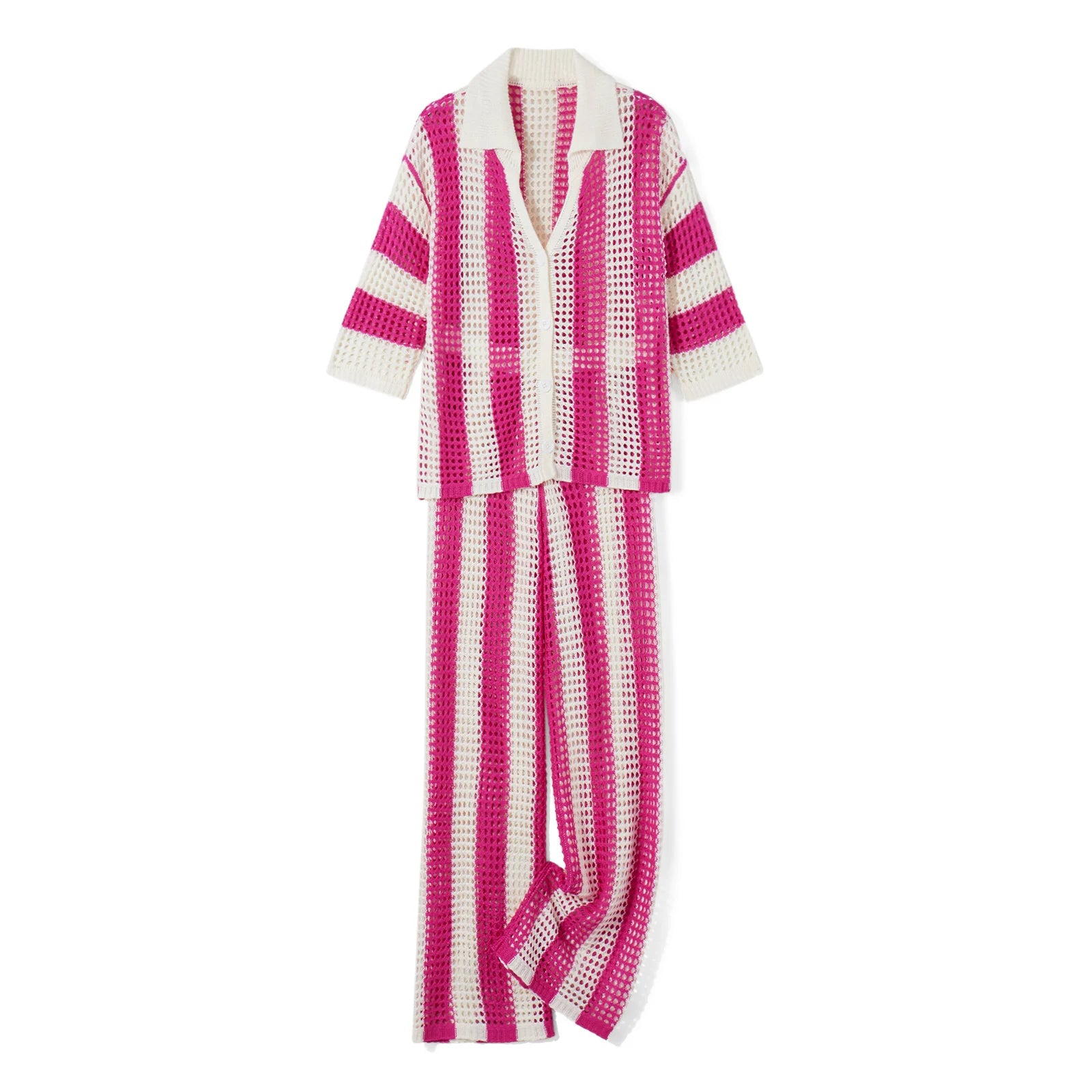 Women's pink striped crochet swimsuit and cover up for beach outings