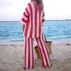 Women's striped crochet swimsuit and cover up, perfect for beach days