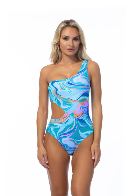 Beach Joy Bikini asymmetrical shoulder swimsuit for beach in blue and purple swirl pattern one-piece