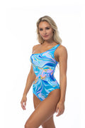 Beach Joy Bikini women's asymmetrical shoulder swimsuit for beach in blue and pastel swirl print