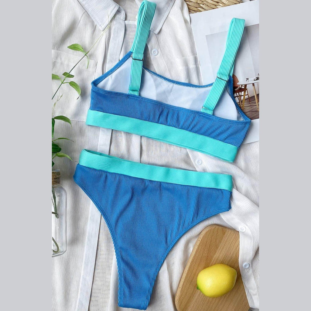 Trendsi scoop neck swimwear in blue with ribbed texture and contrasting straps for stylish beach days