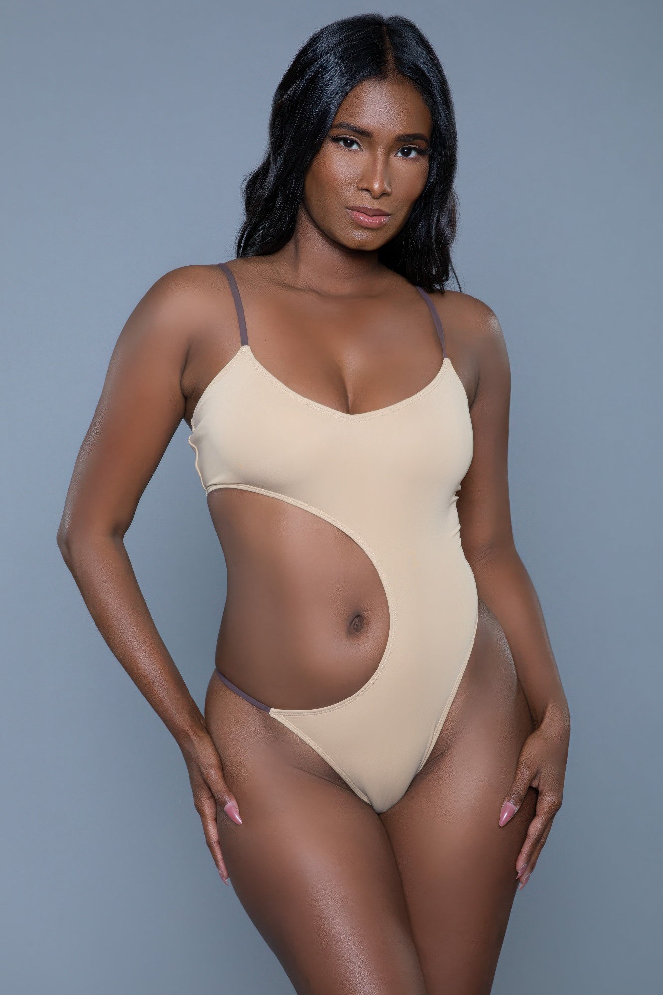 women's beige swimwear swimsuit, stylish cut-out design for beachwear
