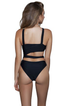 Women's black swimwear swimsuit, stylish cutout design for beach outings