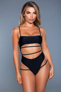 Women's black cutout swimsuit, stylish for beach outings