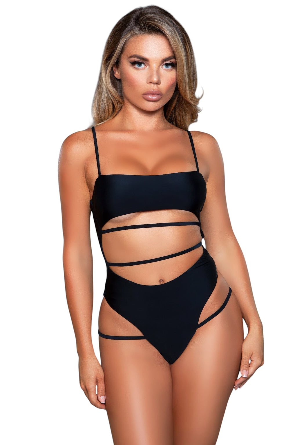 Women's black cutout swimsuit, stylish for beach outings
