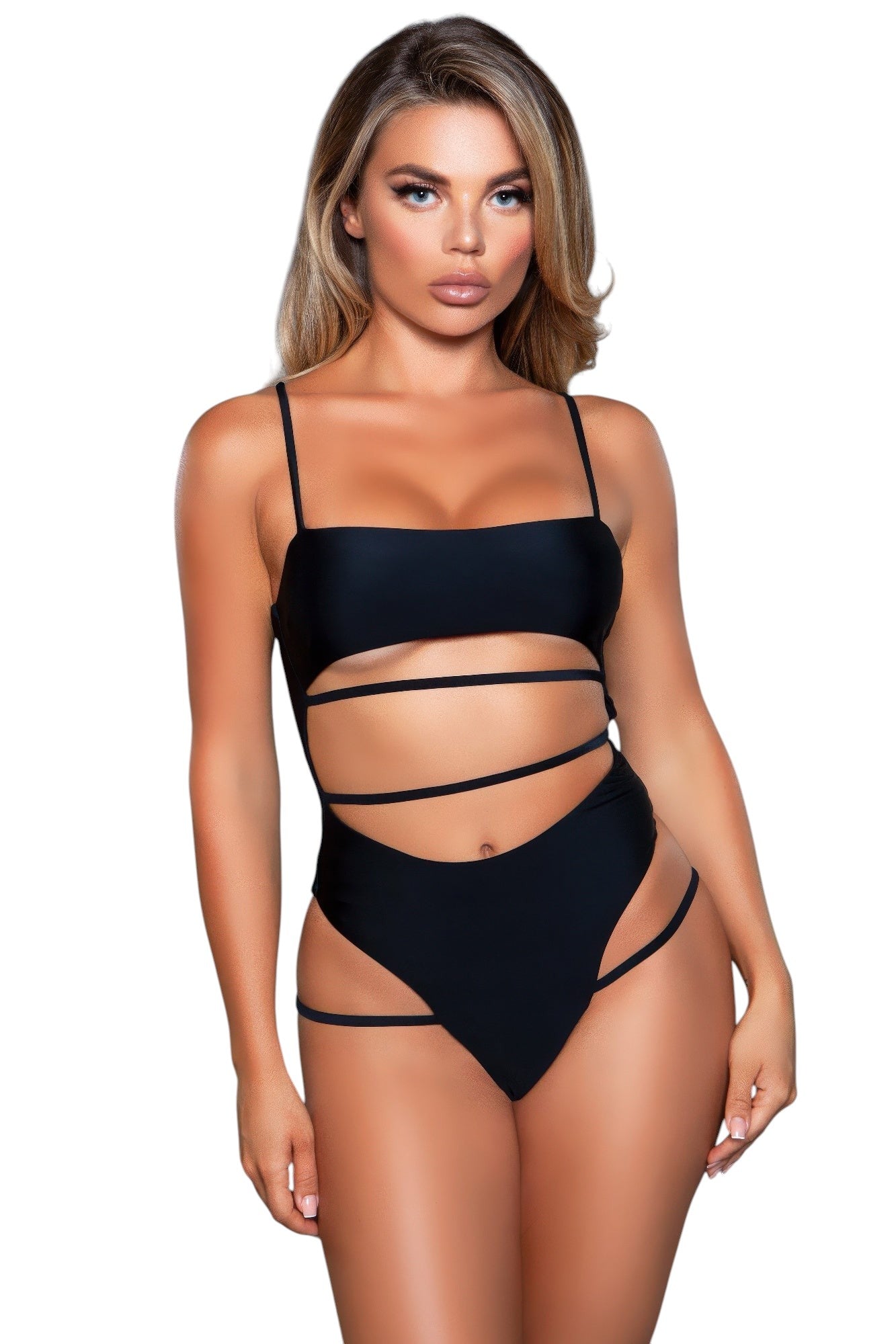 Women's black cutout swimsuit, stylish for beach outings