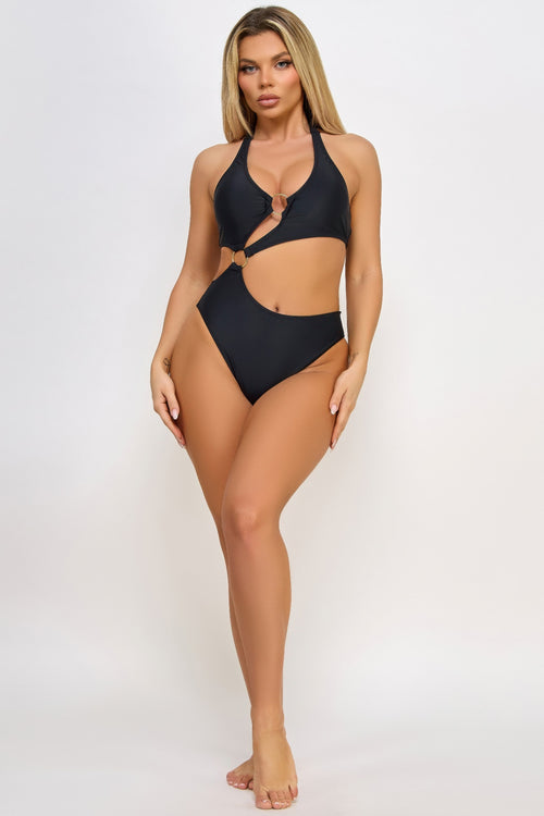 Women's black swimwear swimsuit, stylish cutout design for beach days