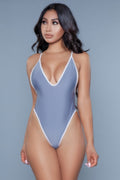 Women's gray swimwear swimsuit, sleek one-piece for beach days