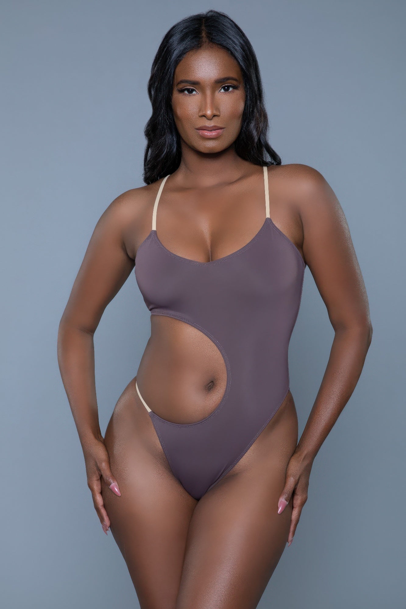 women's brown swimsuit, sleek cutout design, perfect for beach outings