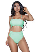 Women's mint green swimwear swimsuit, high-waisted, perfect for beach days