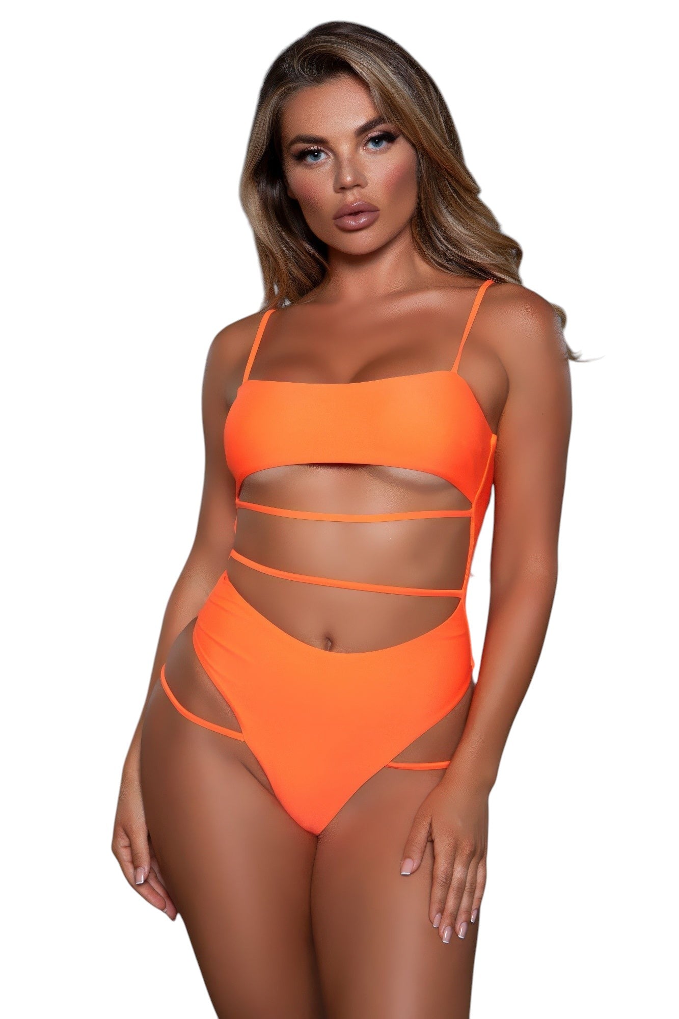 Women's orange swimwear swimsuit with stylish cutouts for beach days