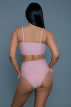 Women's pink high-waisted bikini swimsuit for beach outings