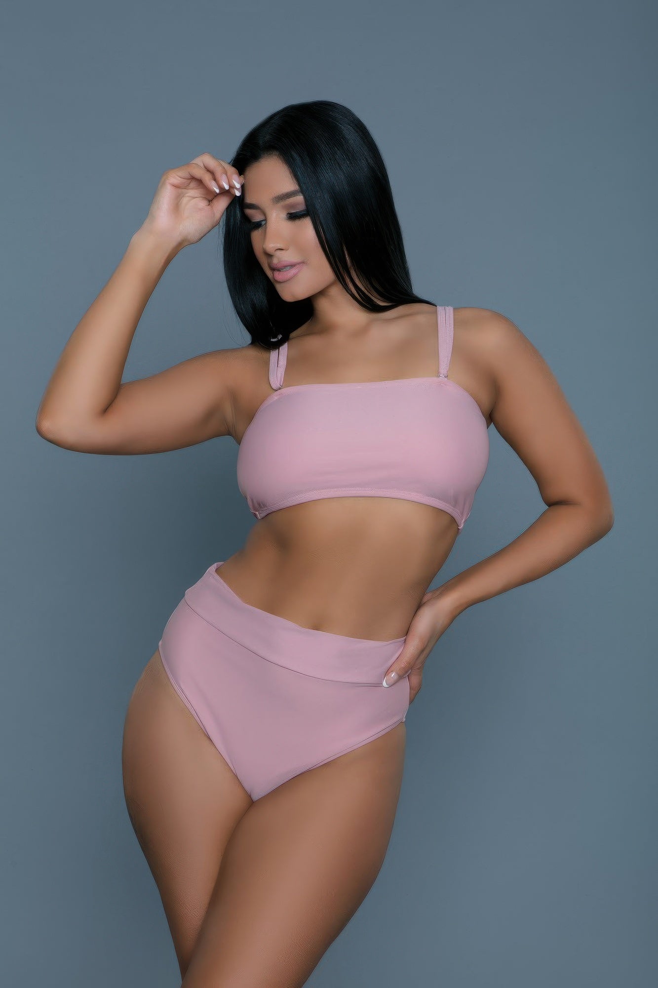 Women's pink high-waisted swimwear swimsuit, perfect for summer beach days