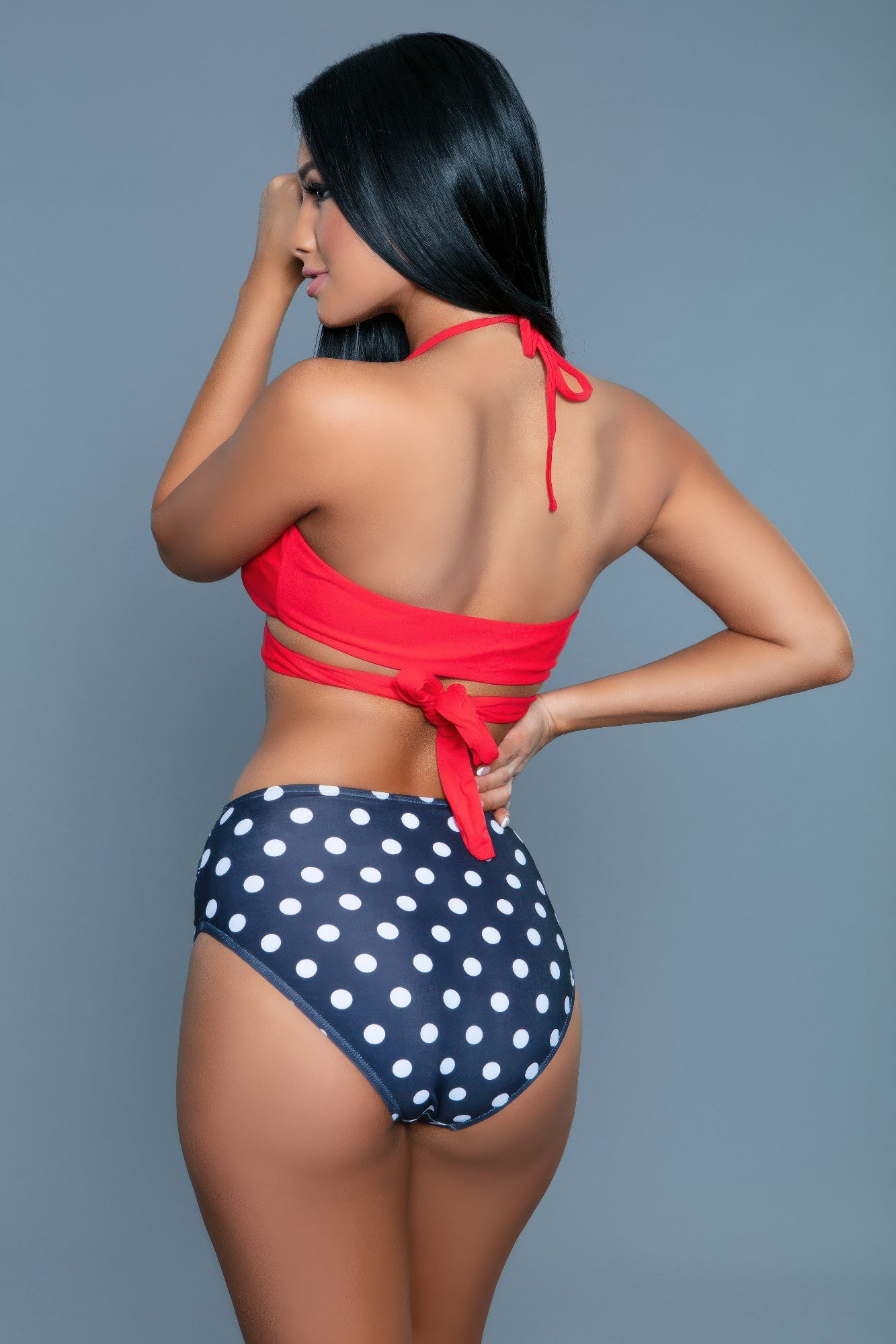 Women's red halter swimwear swimsuit with polka dot high-waisted bottom