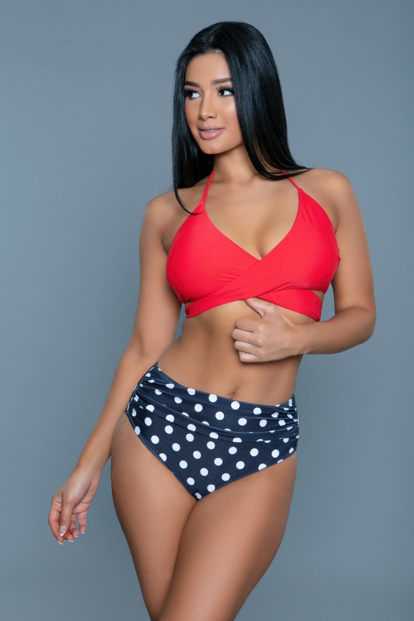 Women's red swimwear swimsuit with polka dot high-waisted bottom
