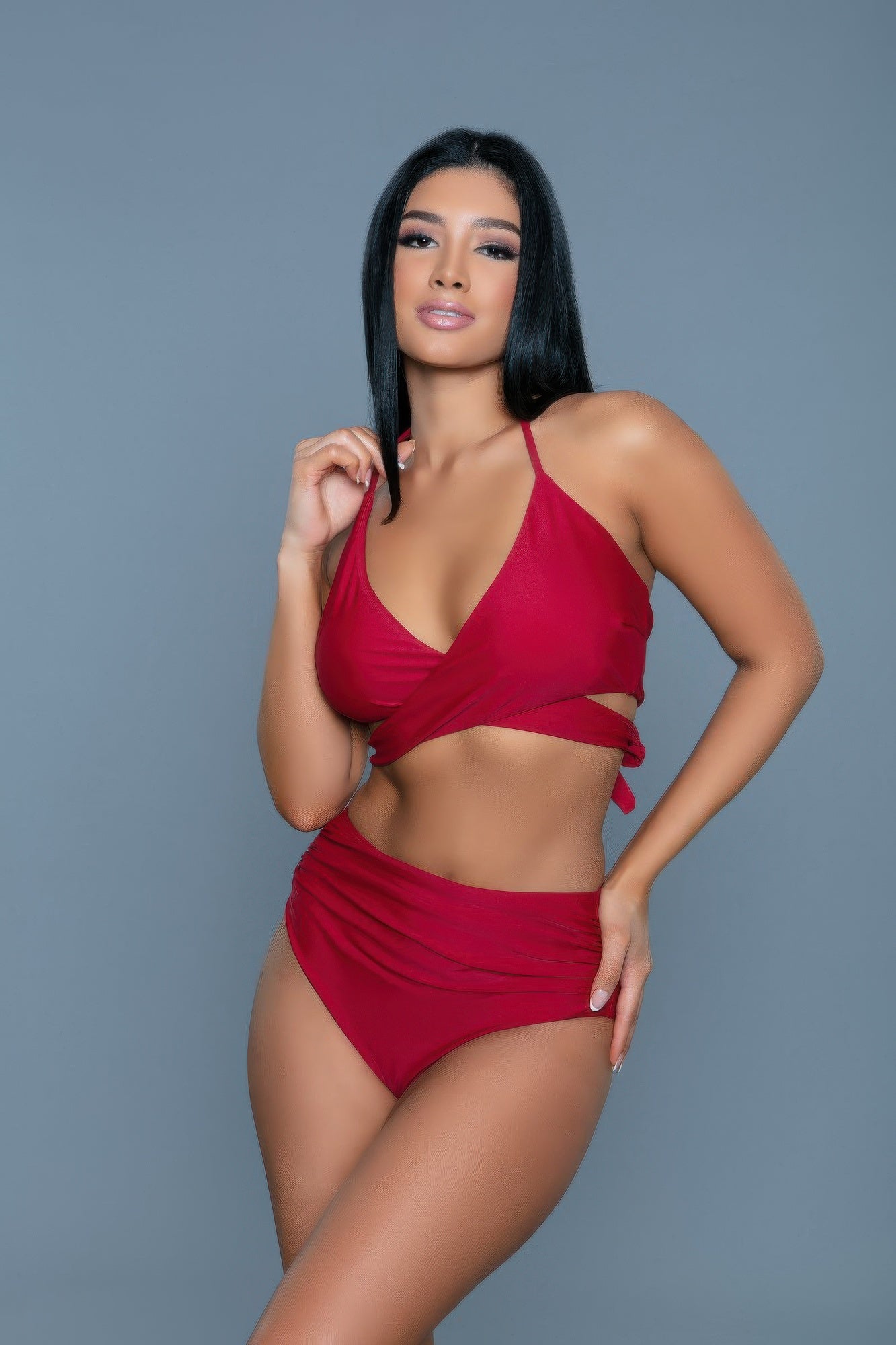 Women's red swimwear swimsuit, wrap design for beach outings