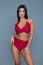 Women's red swimsuit with a stylish wrap design, perfect for beach days
