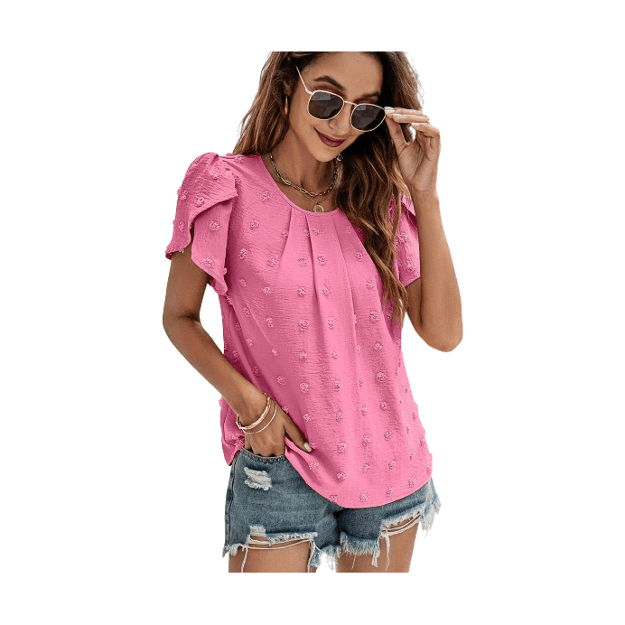 Swiss Dot Round Neck Petal Sleeve Top - VacationGrabs
