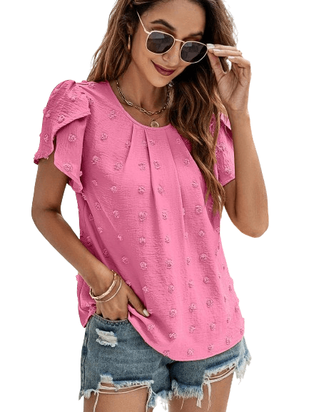 Women's Shirts Swiss Dot Round Neck Petal Sleeve Top