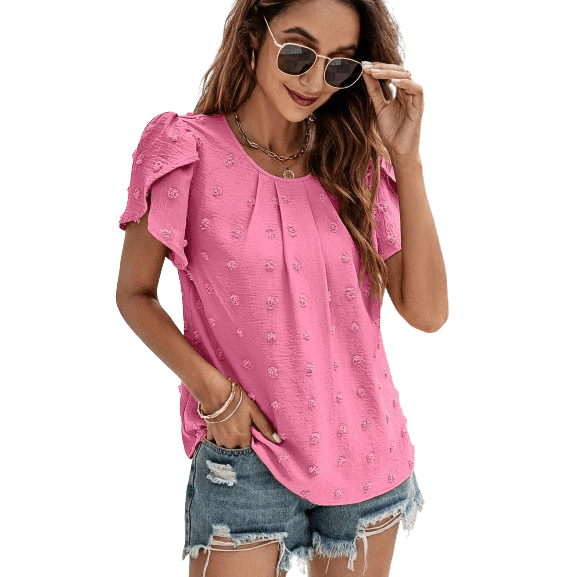 Swiss Dot Round Neck Petal Sleeve Top - VacationGrabs