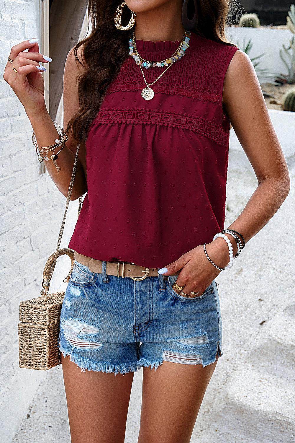 Swiss Dot Round Neck Tank - VacationGrabs