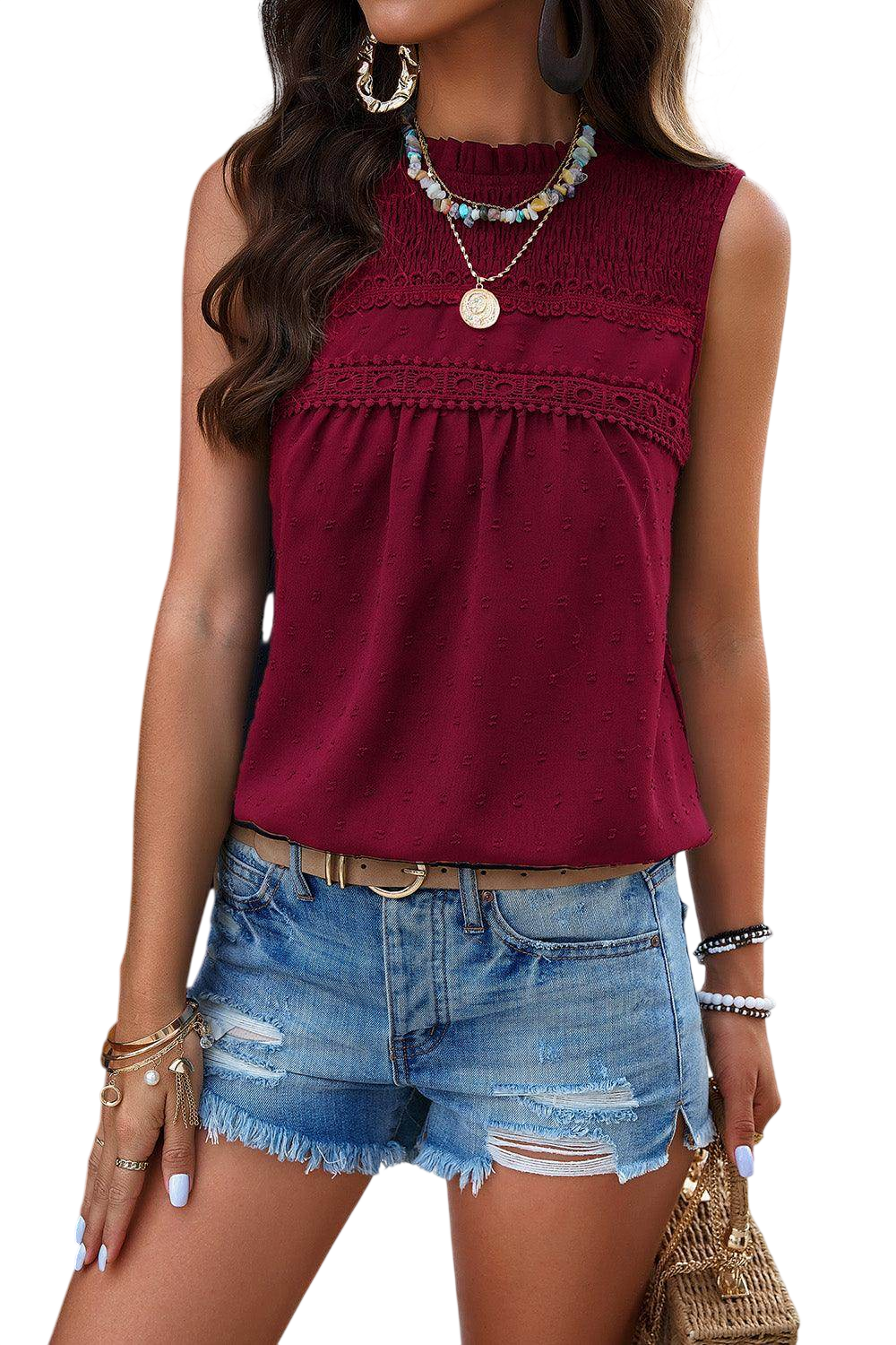 Camiseta sin mangas con cuello redondo y lunares suizos