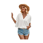 VacationGrabs Swiss dot V neck blouse in white, perfect for summer styling with shorts